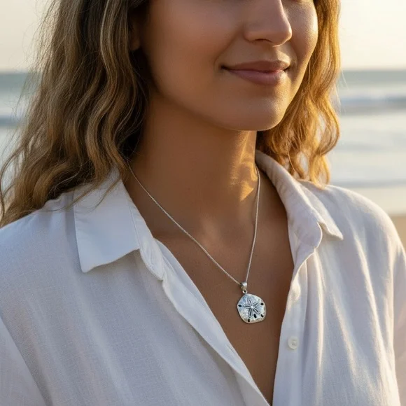 NWT 925 Sterling Silver Sand Dollar Hammered Necklace! Hypoallergenic! NEW! - Picture 4 of 4